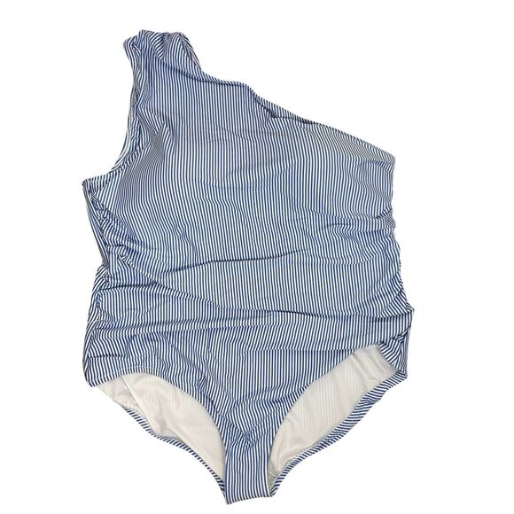 J Crew Ruched One-shoulder One-piece Swimsuit Sz 22 2X Seersucker Blue White NWT - Picture 2 of 7
